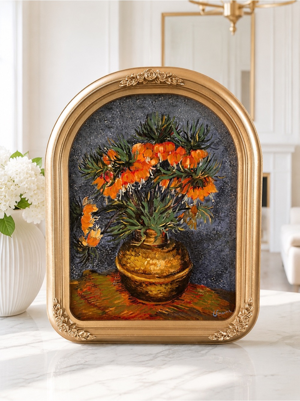16x20 “Fritillaries in a Copper Vase” by Vincent Van Gogh w/ arch gold frame